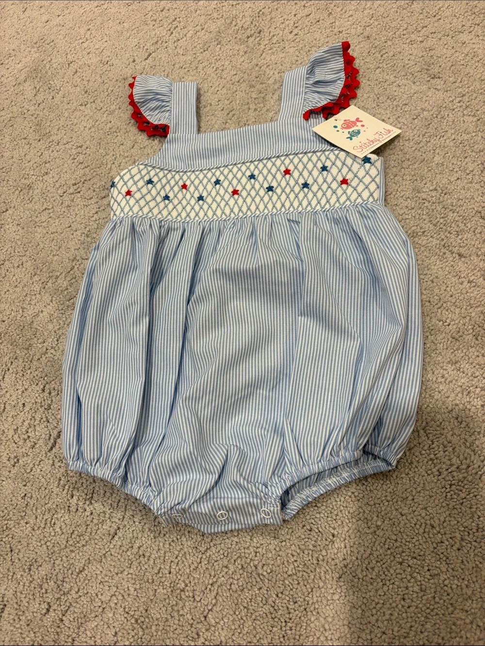 Blue Stripe Smocked Baby One-Piece with Red Trim